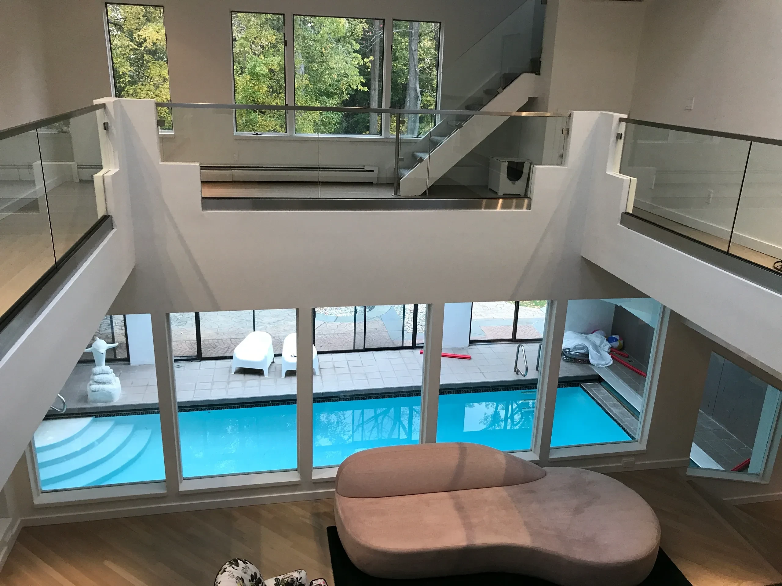 Modern multi-level interior with indoor pool